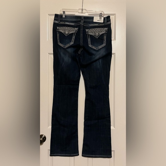 Grace in LA Dark Indigo Boot Cut Jeans with Tan & White Stitching - Picture 3 of 4